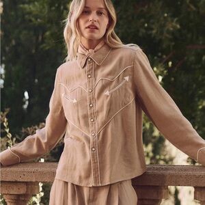 THE GREAT. Tan Button-Up western blouse